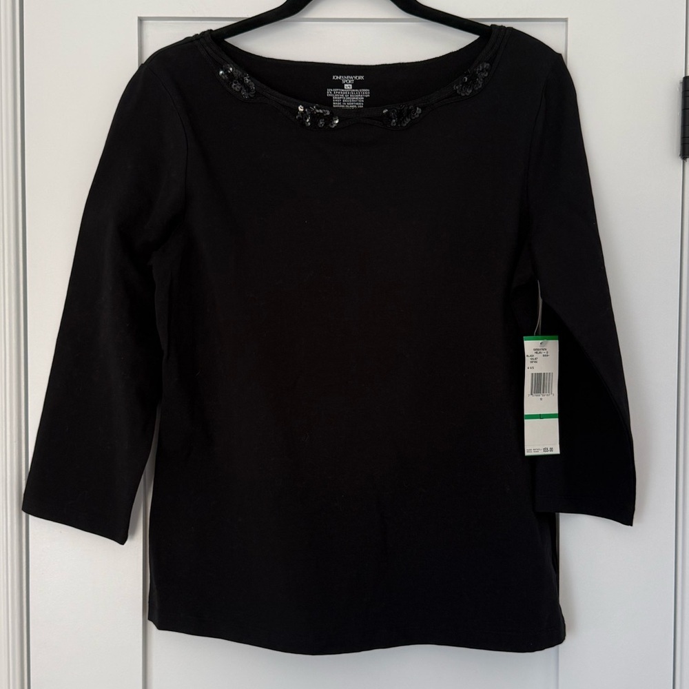Black Sequin Neckline Top L ✨ Classic Workwear Stretch 3/4 Sleeve - Picture 2 of 6